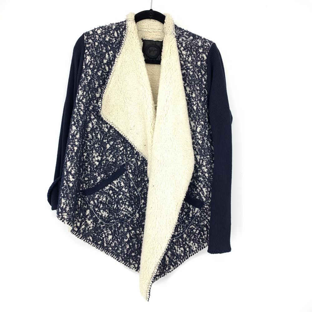 Biya Johnny Was Cardigan Womens L Navy Cream Sherpa Waterfall Knit Jacket